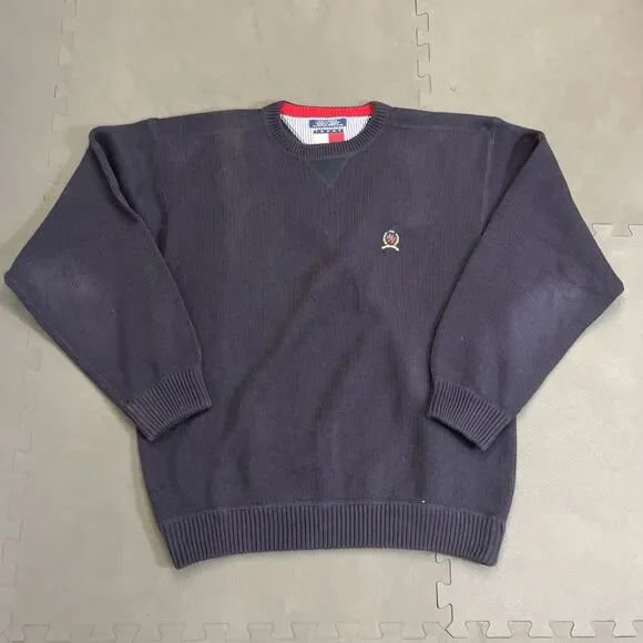Tommy Hilfiger Vintage Navy Blue Rib Knit Pullover Sweater Mens Large Logo Chrty - Picture 5 of 15